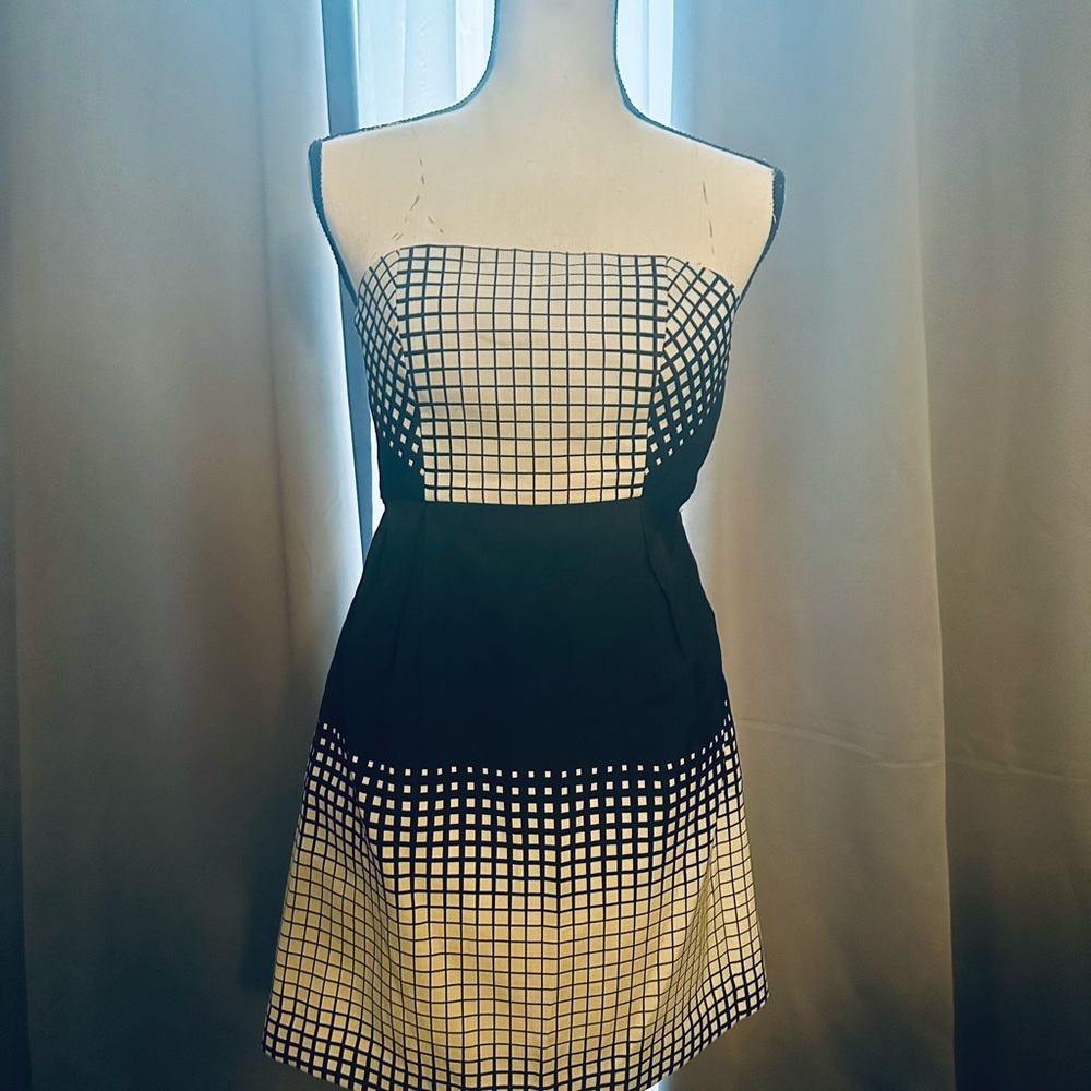 Tibi Strapless Black and White Grid Dress